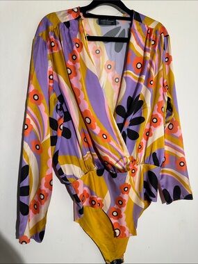 Zara Yellow Purple Floral Wrap-Style Bodysuit